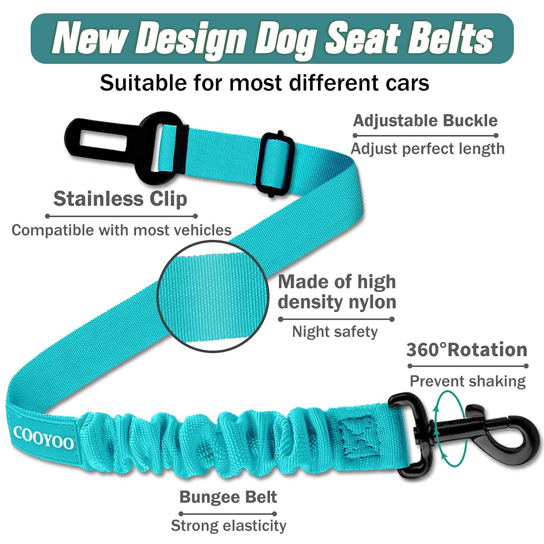 COOYOO dog seat belt adjustable length to fit sit, stand, or lie down.
