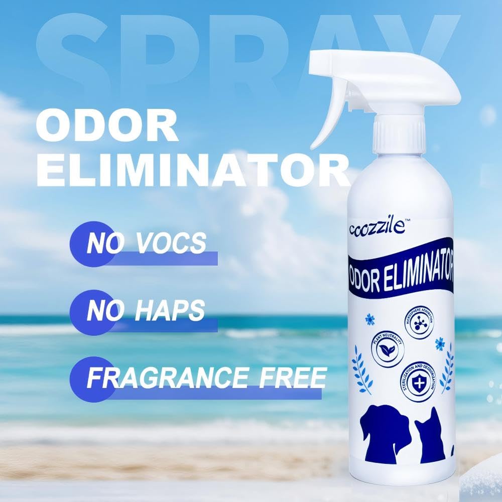 Coozzile Pet Odor Eliminator sprays carpets for quick room deodorization.