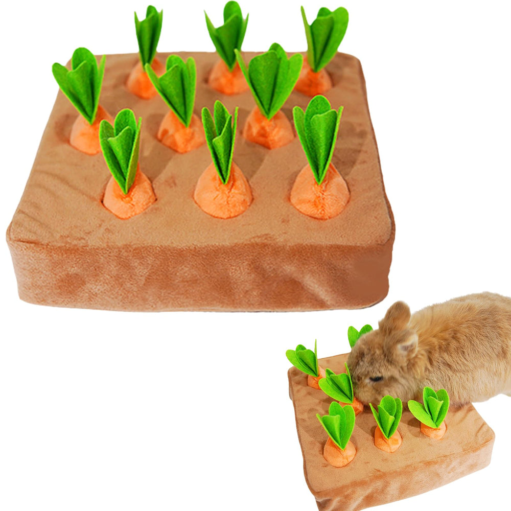 Copfeu Interactive Rabbit Toy front view with plush carrot for enrichment
