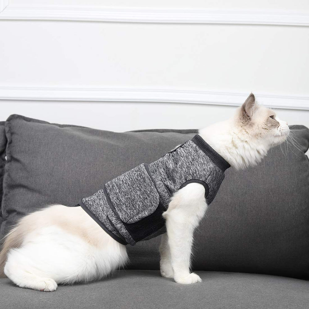 Coppthinktu cat anxiety jacket on cat wearing demonstrates snug fit during activity.