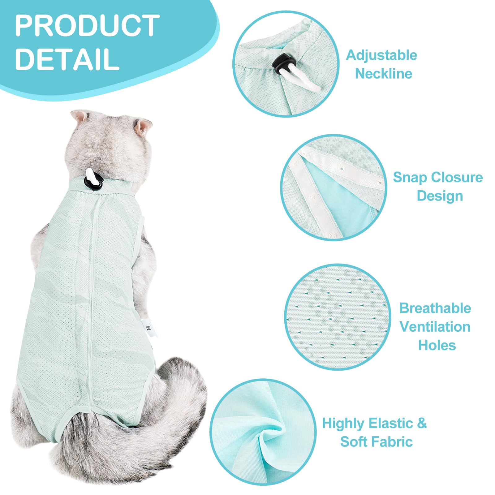 Coppthinktu cat recovery suit shows adjustable neckline for a secure, comfortable fit.