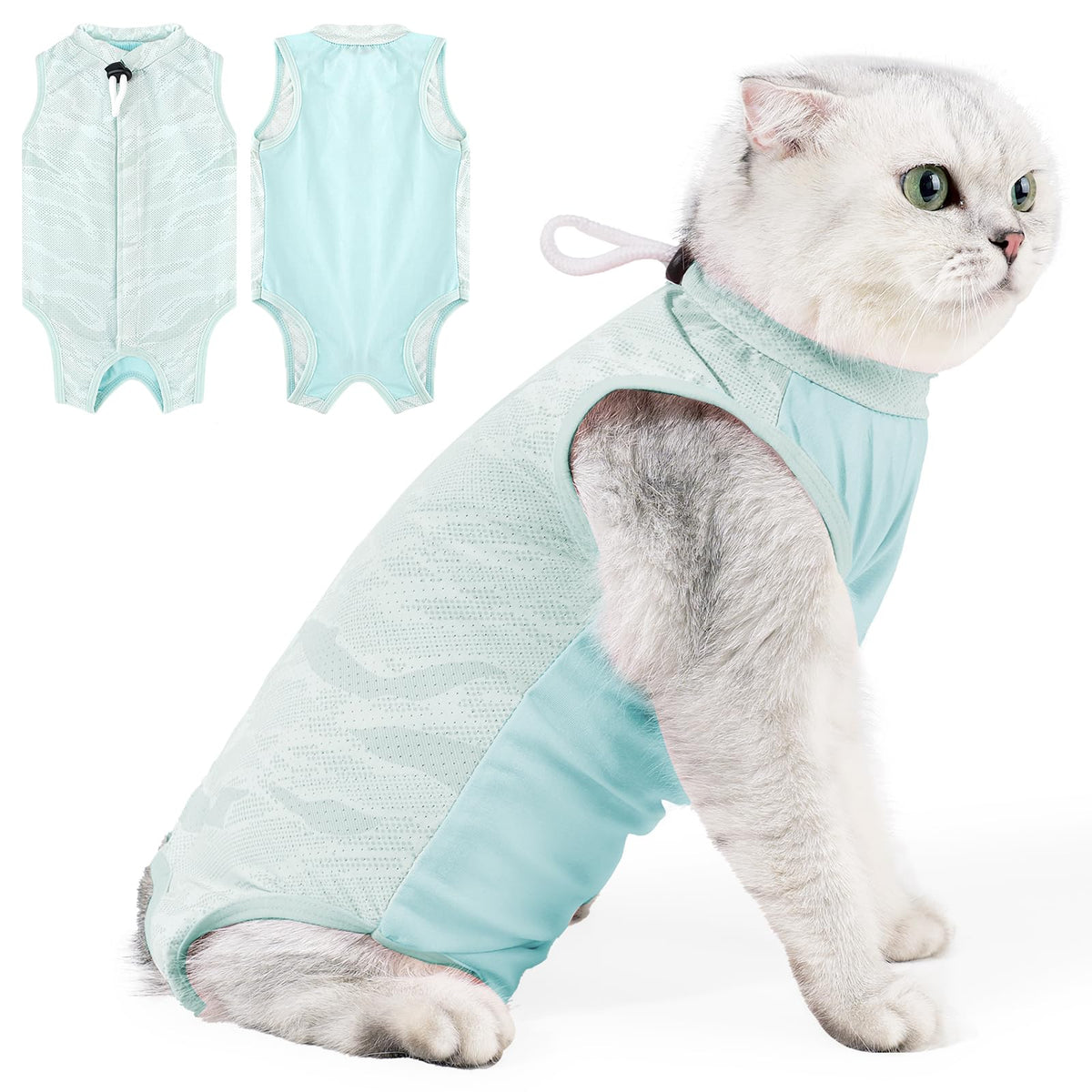 Coppthinktu cat recovery suit with back color-block design for post-surgery wear.