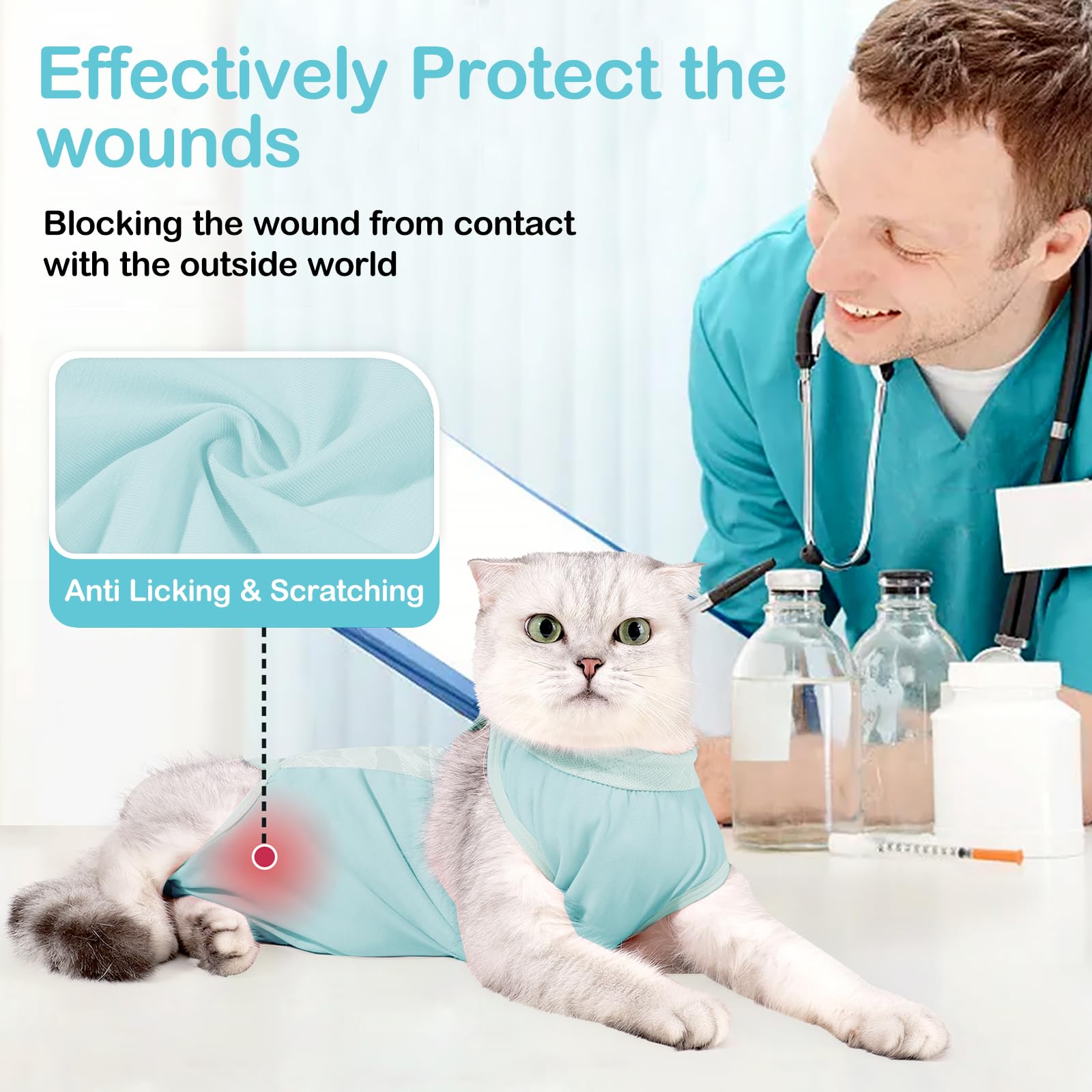 Coppthinktu cat recovery suit features back-snap closure for easy on/off.
