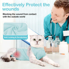 Coppthinktu cat recovery suit features back-snap closure for easy on/off.