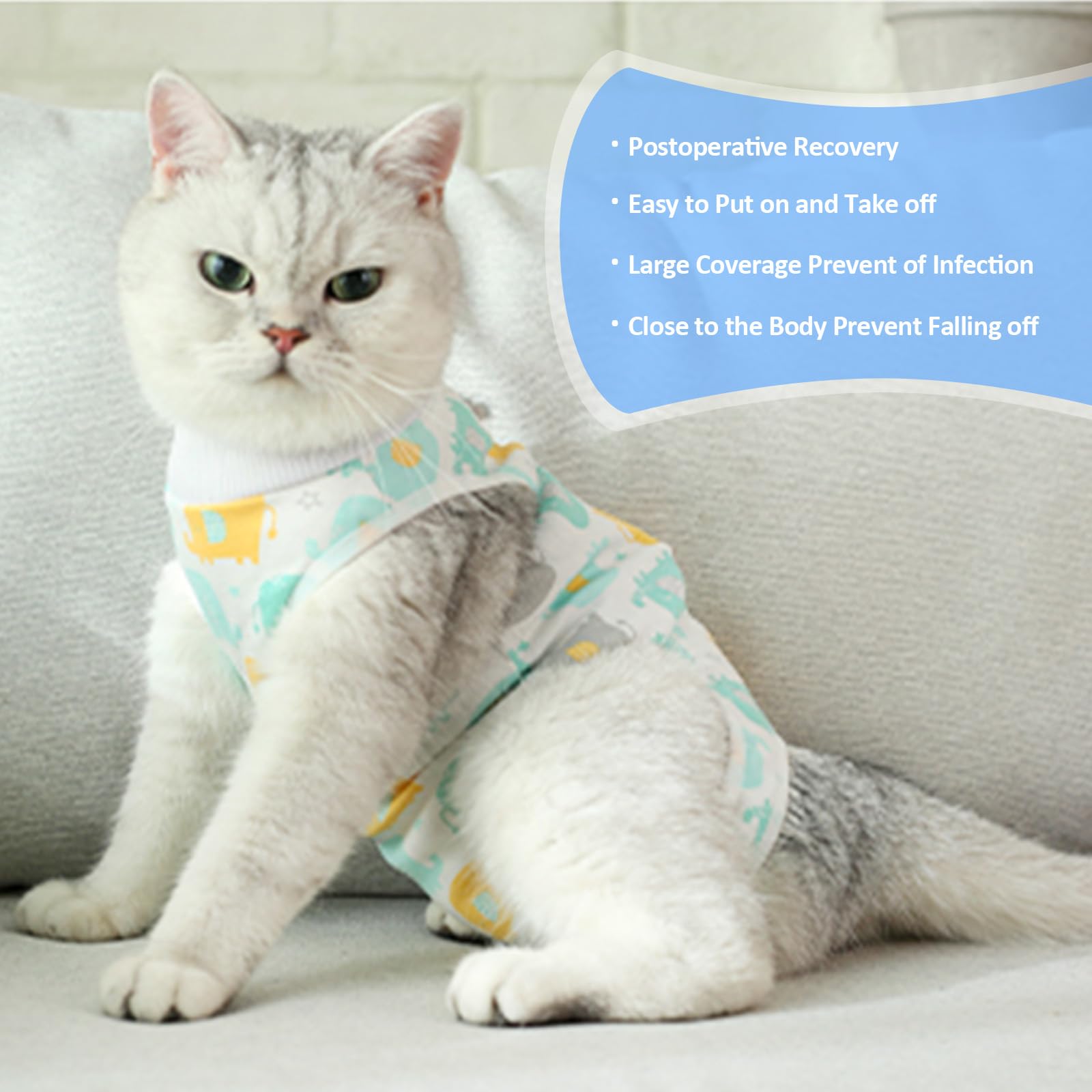 Coppthinktu cat recovery suit demonstrates easy on-off with no sleeves.