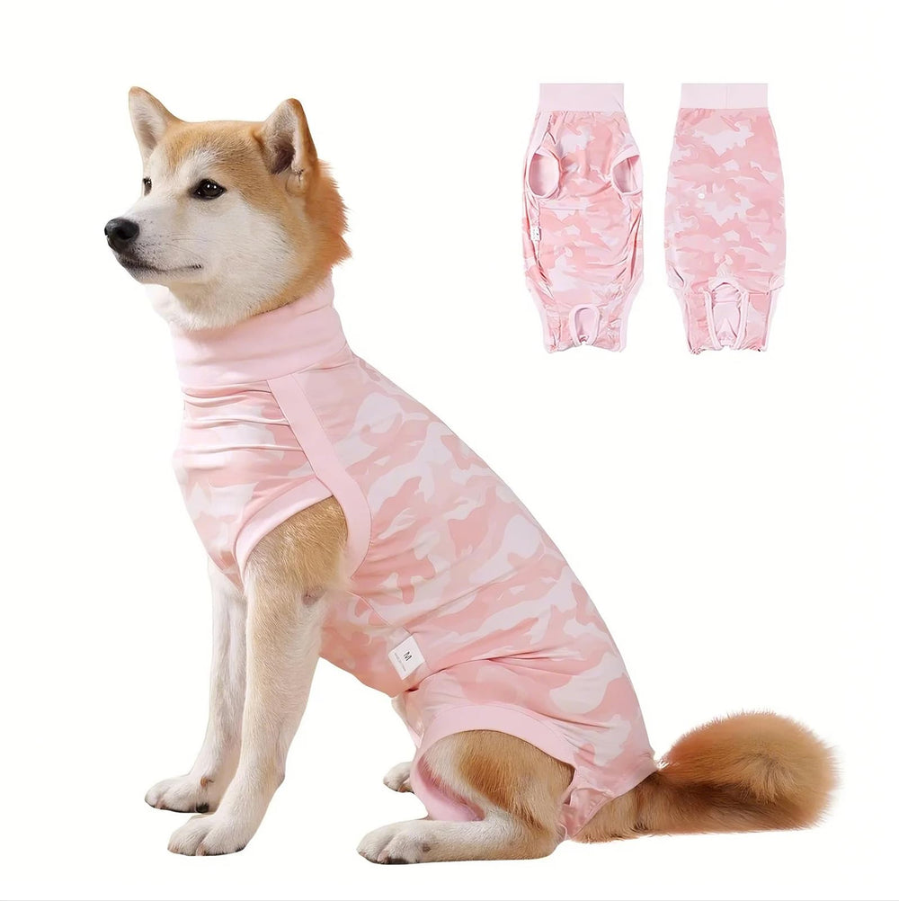 Coppthinktu dog-onesie-surgery-pink shows pink recovery wear protecting wounds and maintaining comfort.