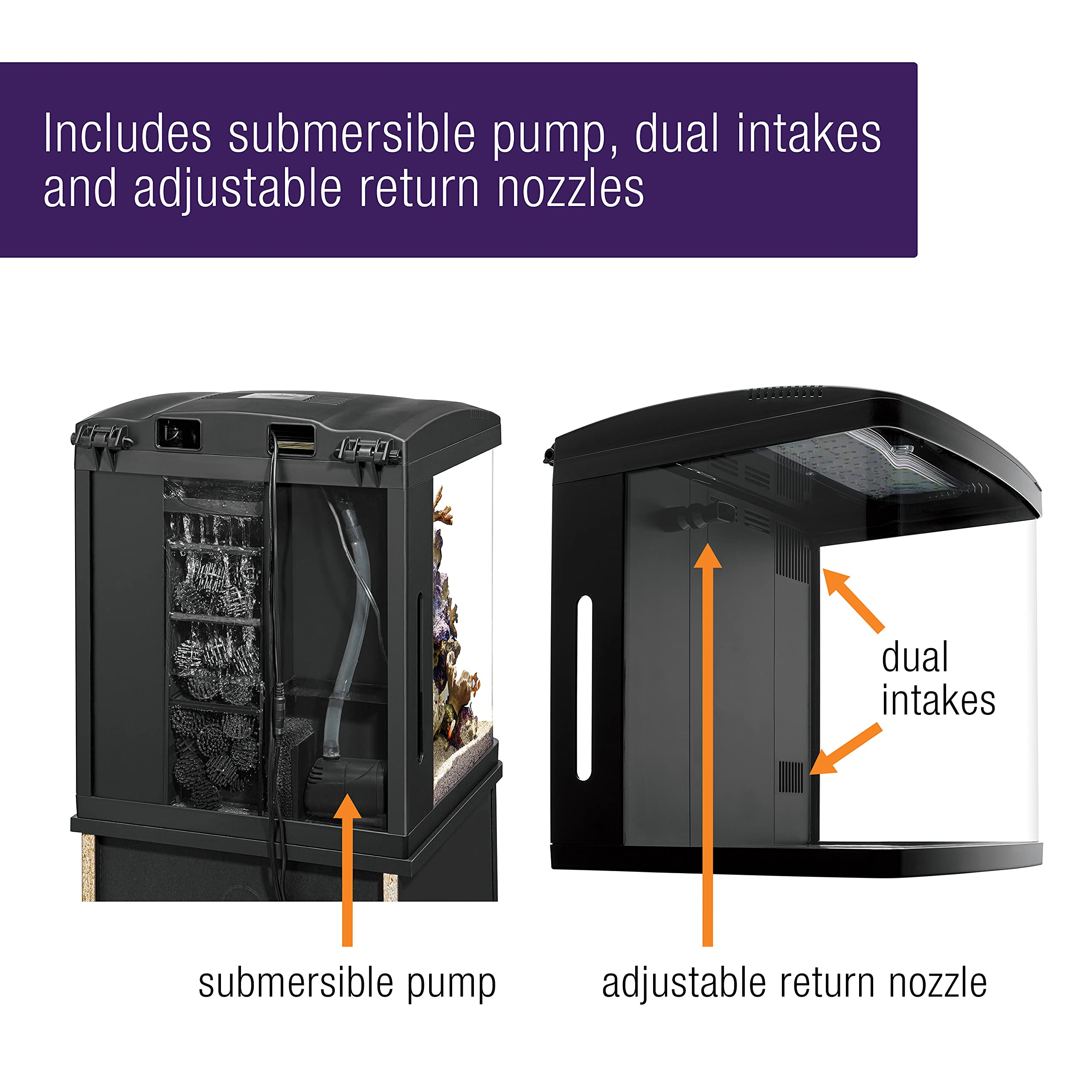 BioCube dual intakes and adjustable return enhance water circulation.