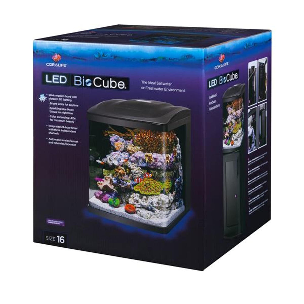 Coralife BioCube hood with customizable LED lighting for vivid colors.