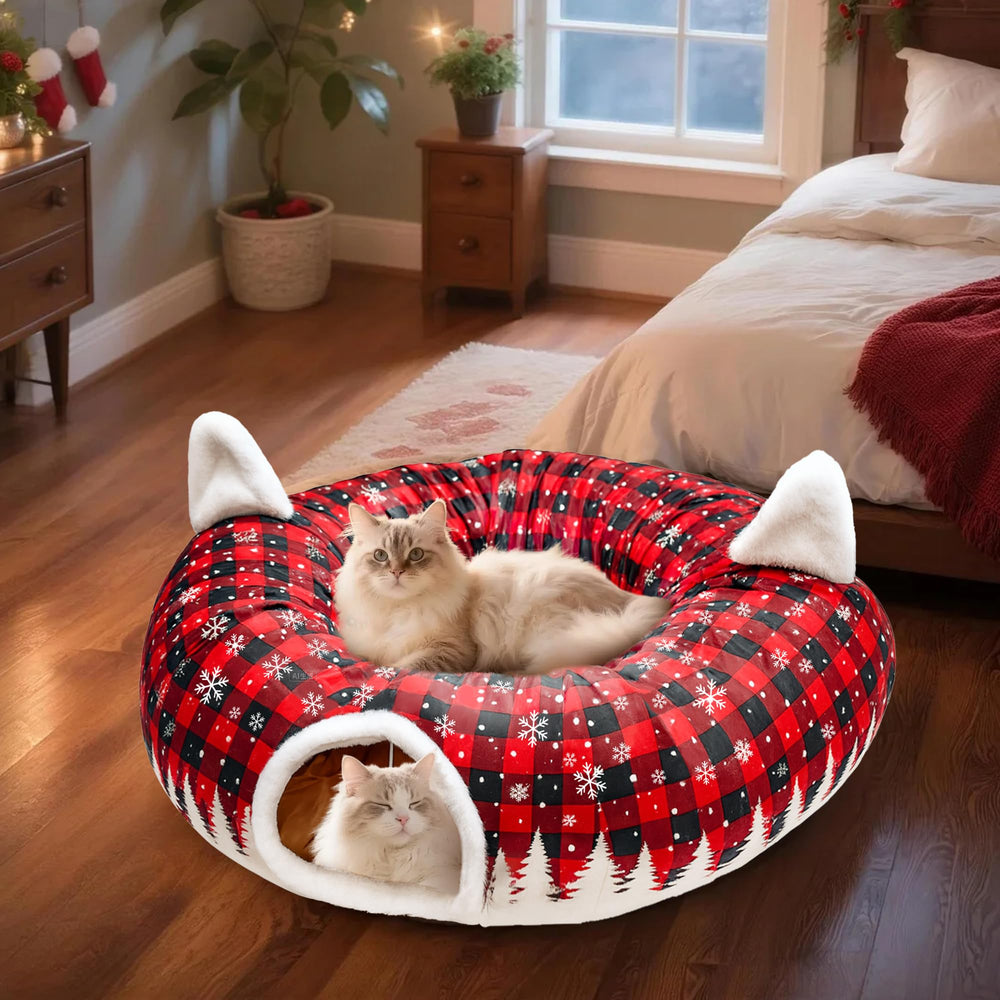 CORALMEE cat tunnel bed with hanging toy ball for interactive play.