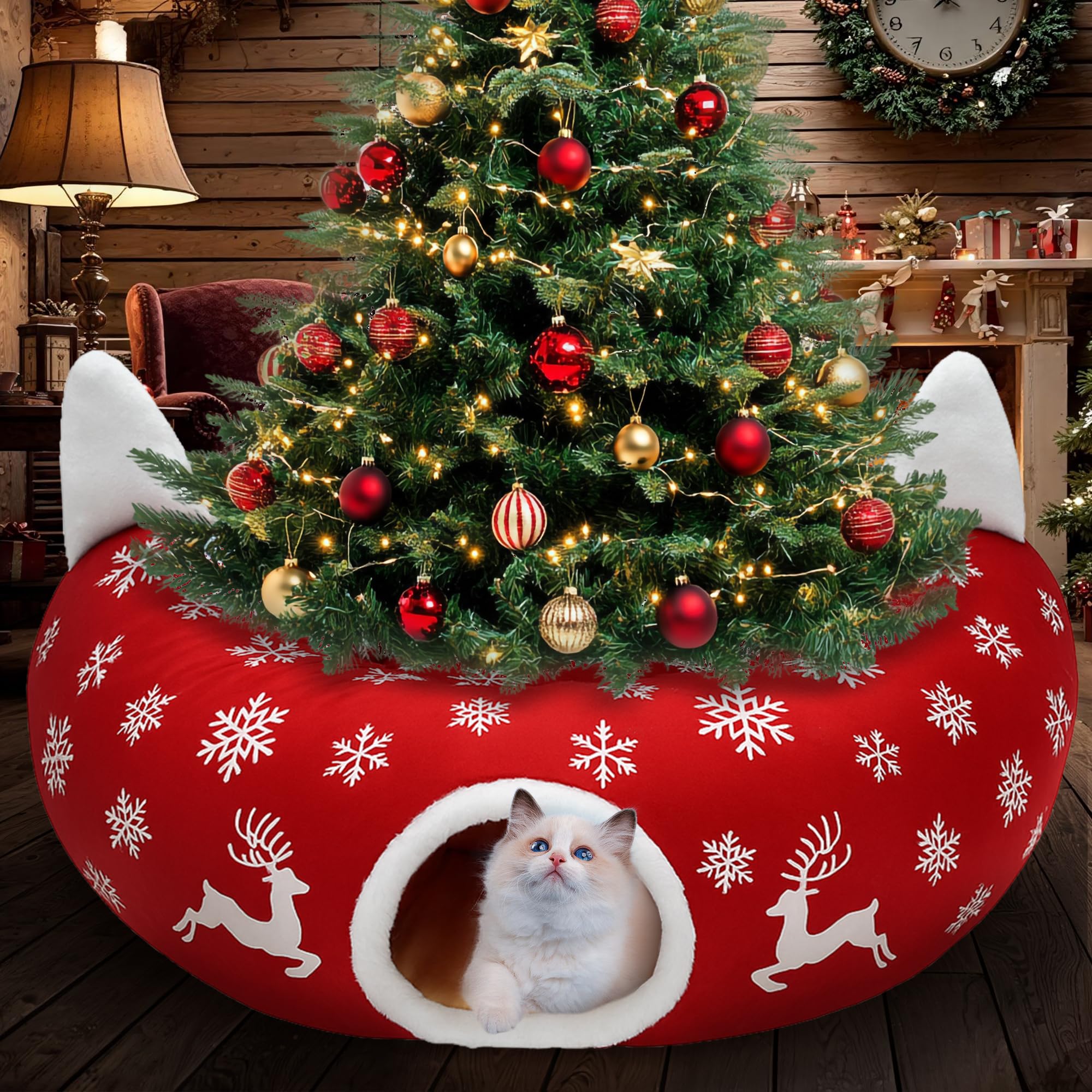 CORALMEE cat tunnel christmas-tree-skirt adds festive decor while concealing the tree stand.