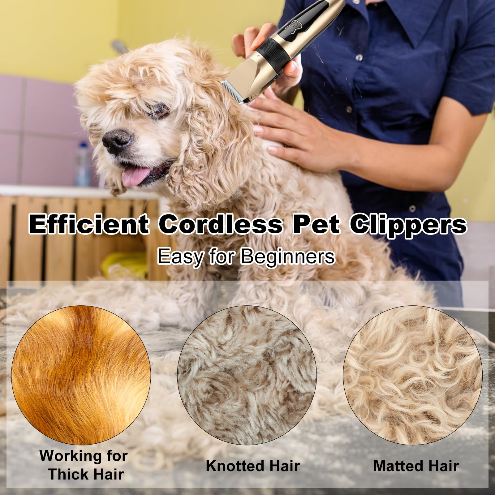 Cordless pet grooming clippers with low-noise operation.