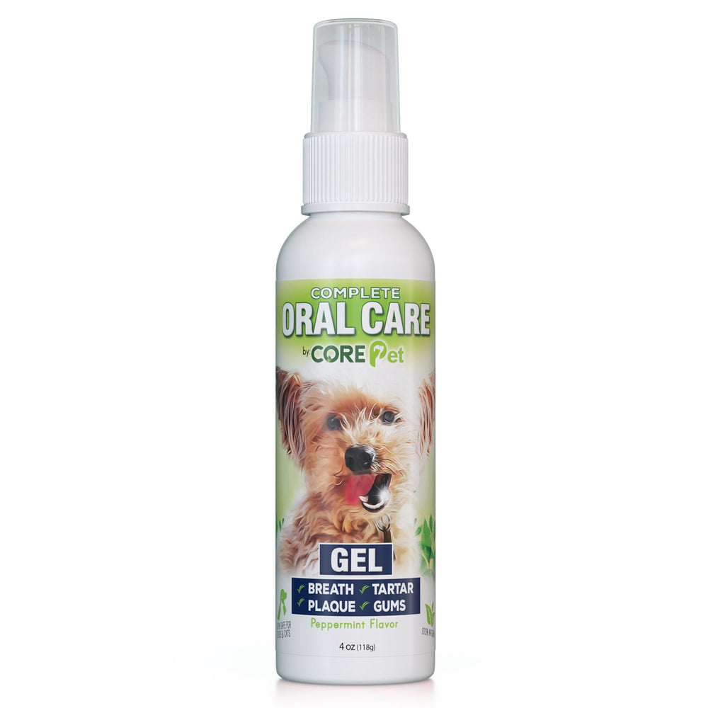 CORE Pet Complete Oral Care bottle front highlights natural peppermint gel for pets.