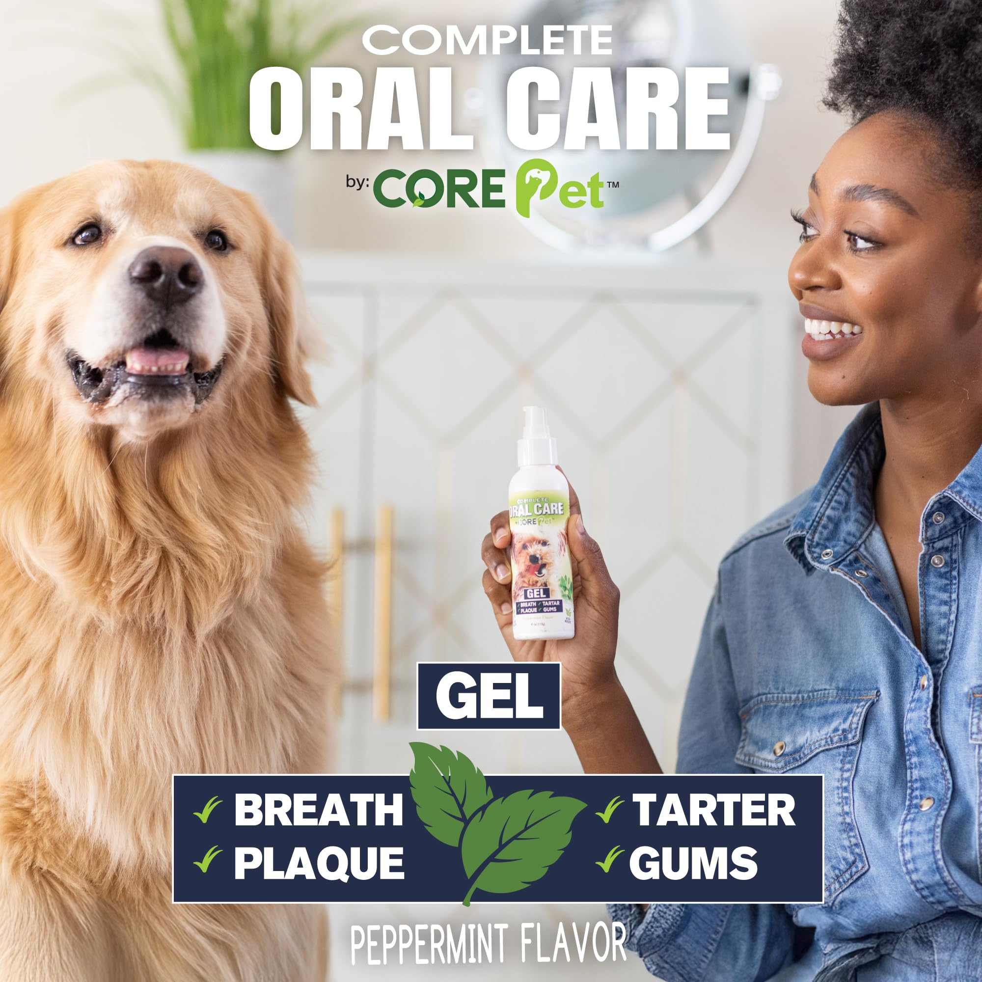 CORE Pet Complete Oral Care bottle pour demonstrates easy gel application for brushing-free care.