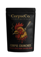 CorpseCo Freeze-Dried Chicken Heads image showing whole anatomy for canine high-protein treat.