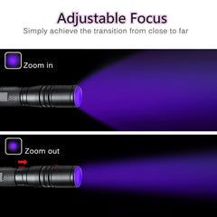COSMOING UV flashlight zoomable tip highlights stains with adjustable focus for detail work.