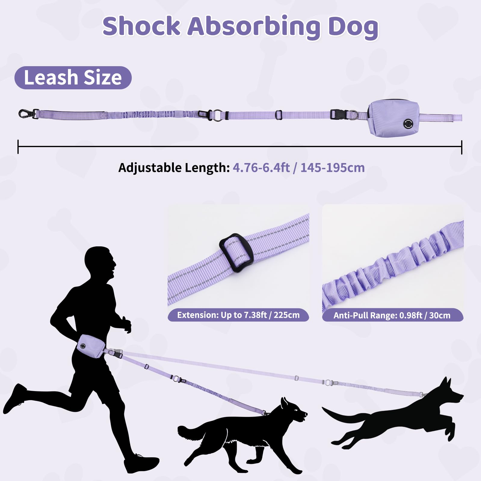 COSOWO leash for medium-large dogs purple suitable for walking, running, hiking