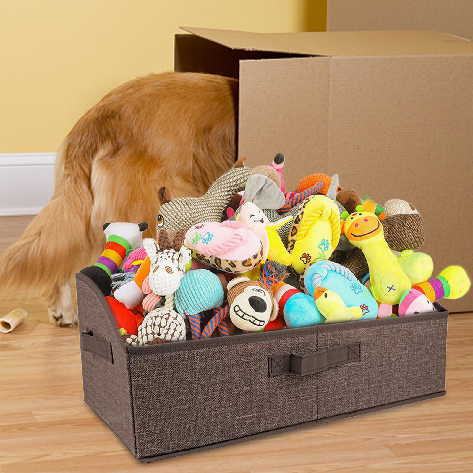COSOWO pet toy storage box with blankets and collars organized neatly
