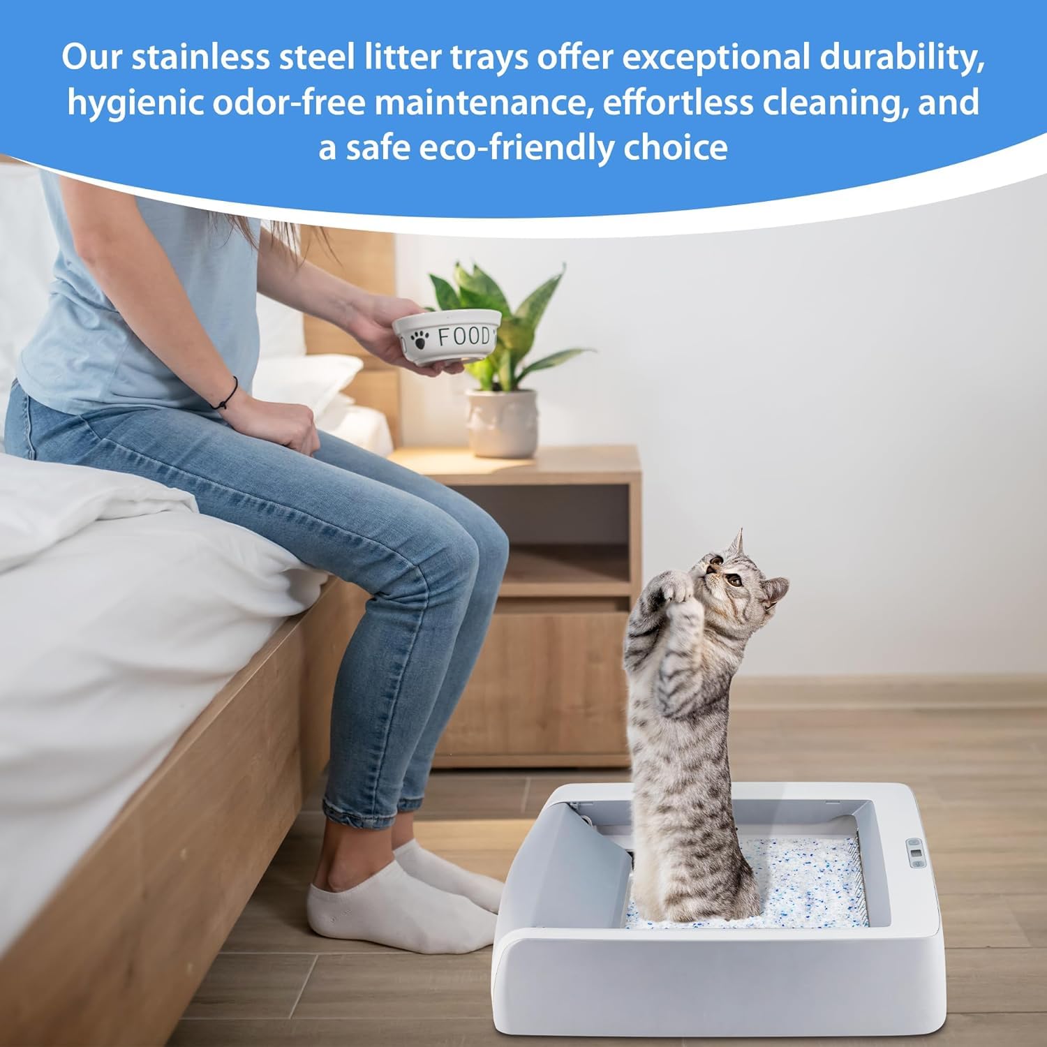 Cosparx stainless steel litter tray—easy-clean, non-porous surface.