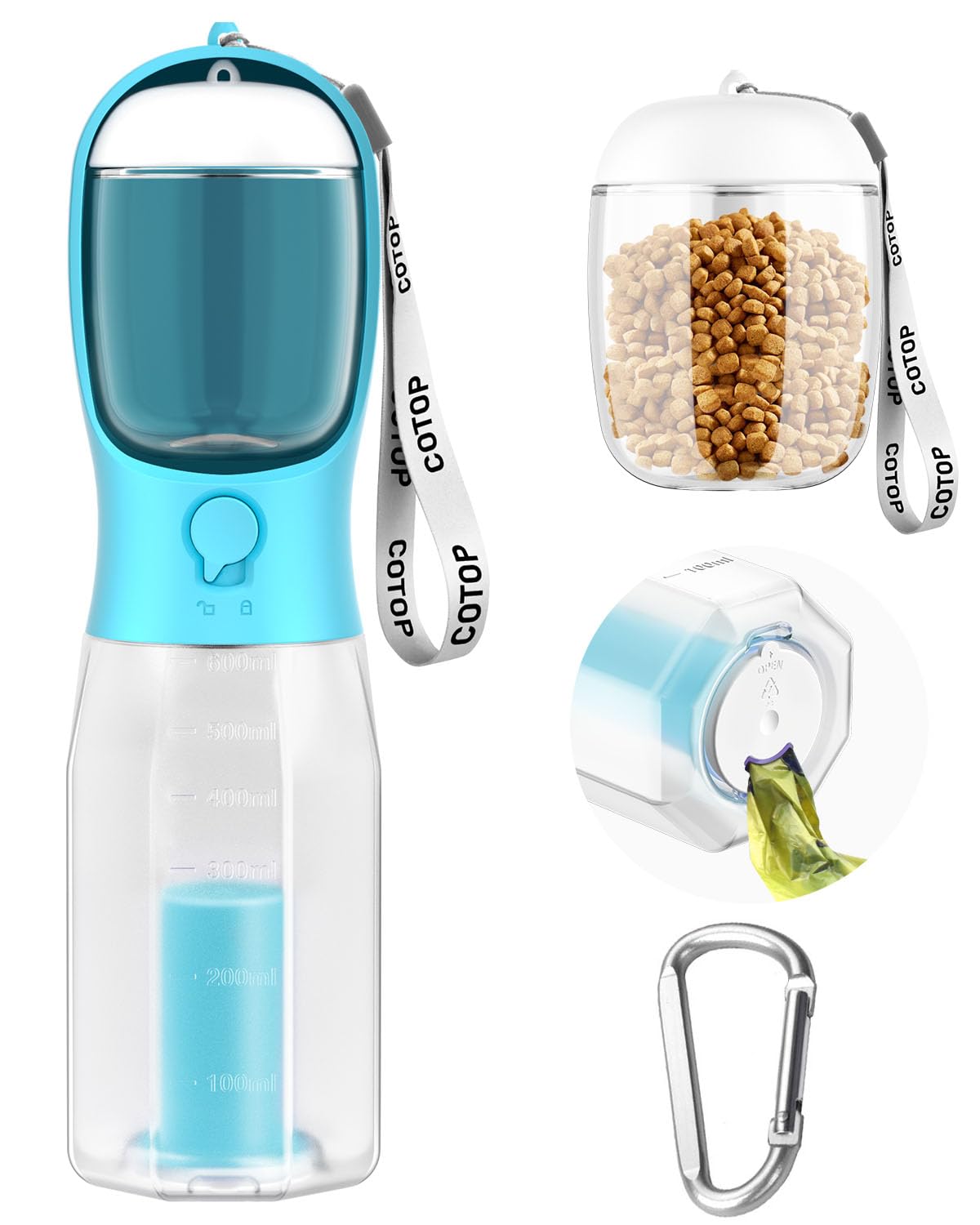 COTOP 20oz dog water bottle with food container for on-the-go hydration.