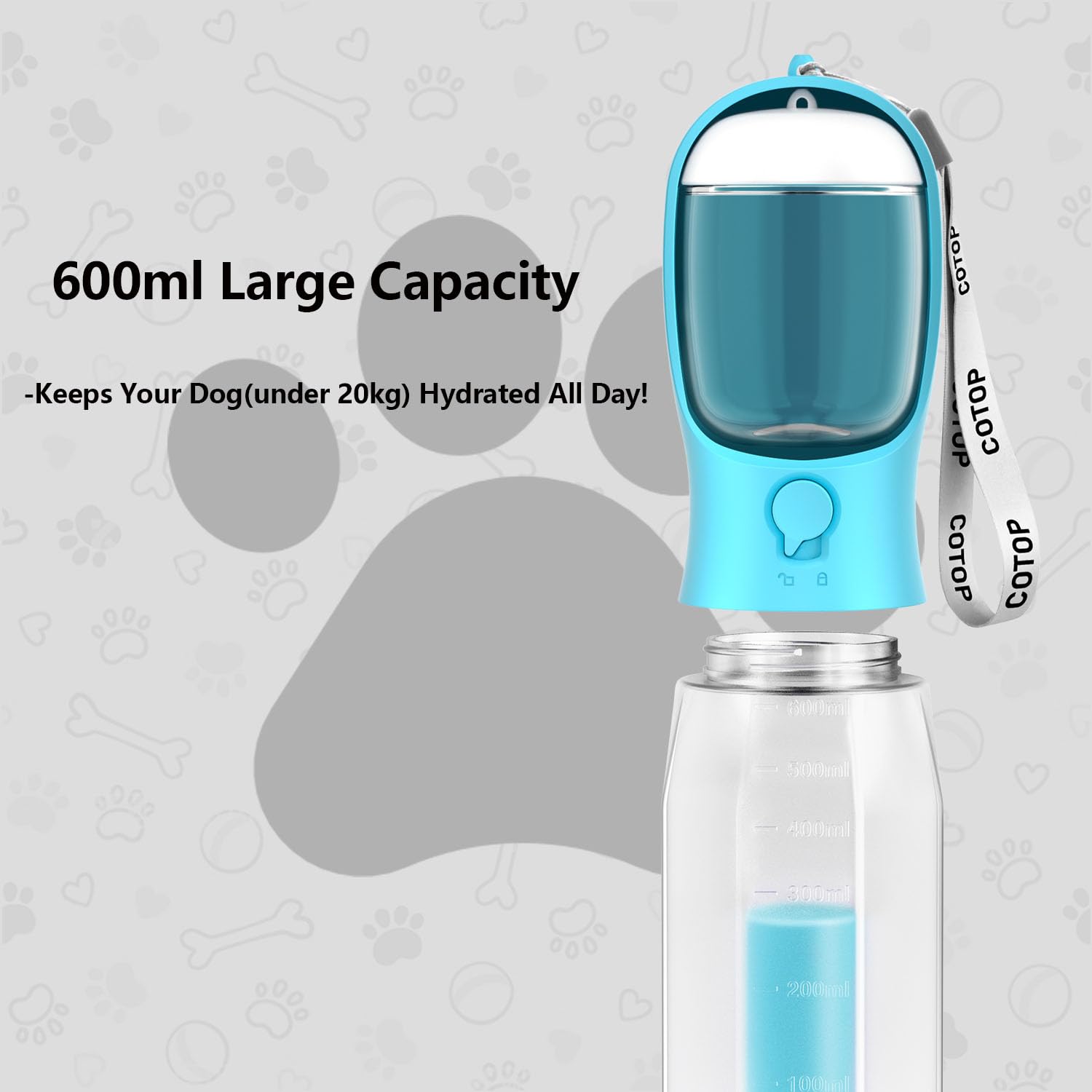 COTOP 20oz dog water bottle with poop bag dispenser at bottom keeps habitats clean.