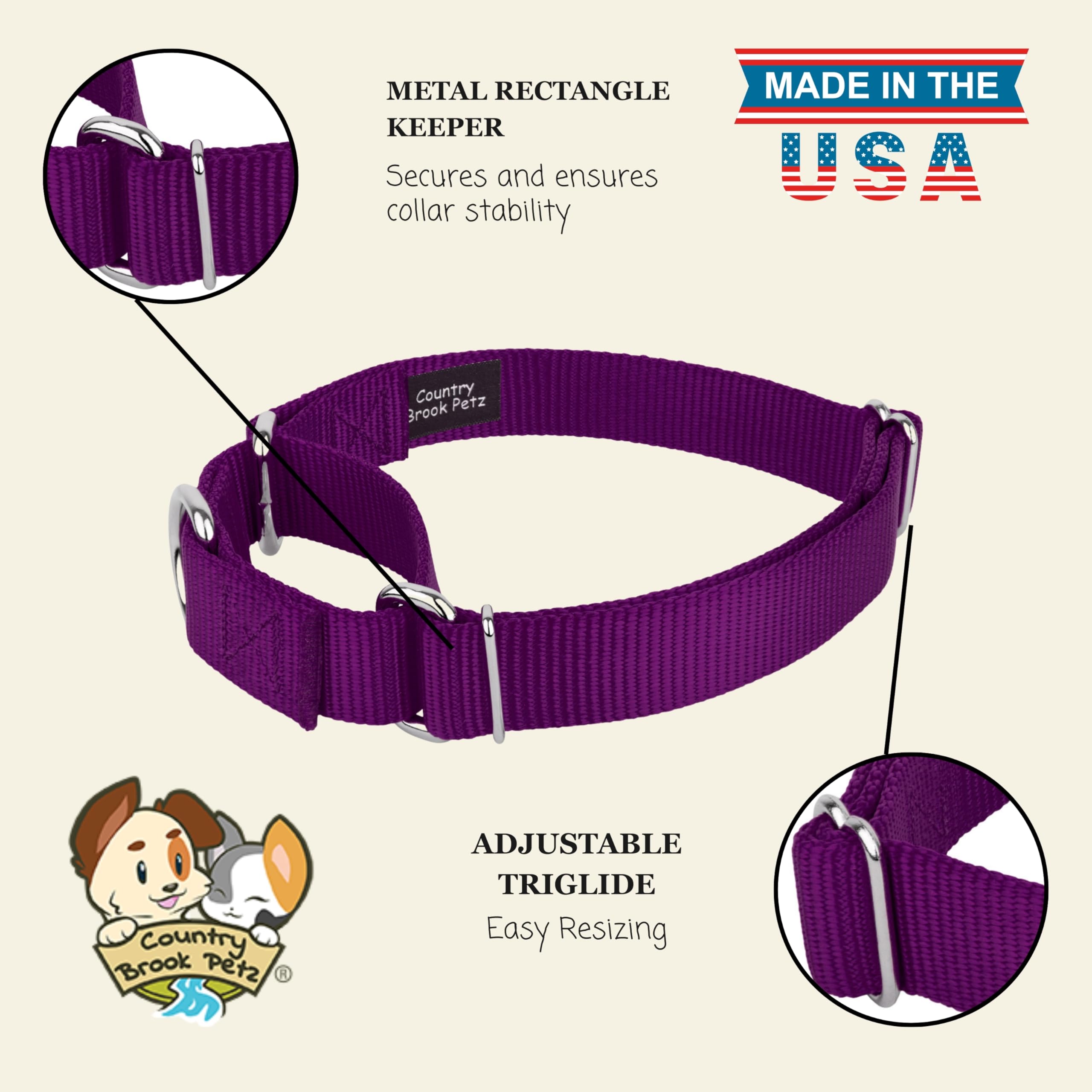 Country Brook Petz no-buckle martingale design improves safe head-over fit during training