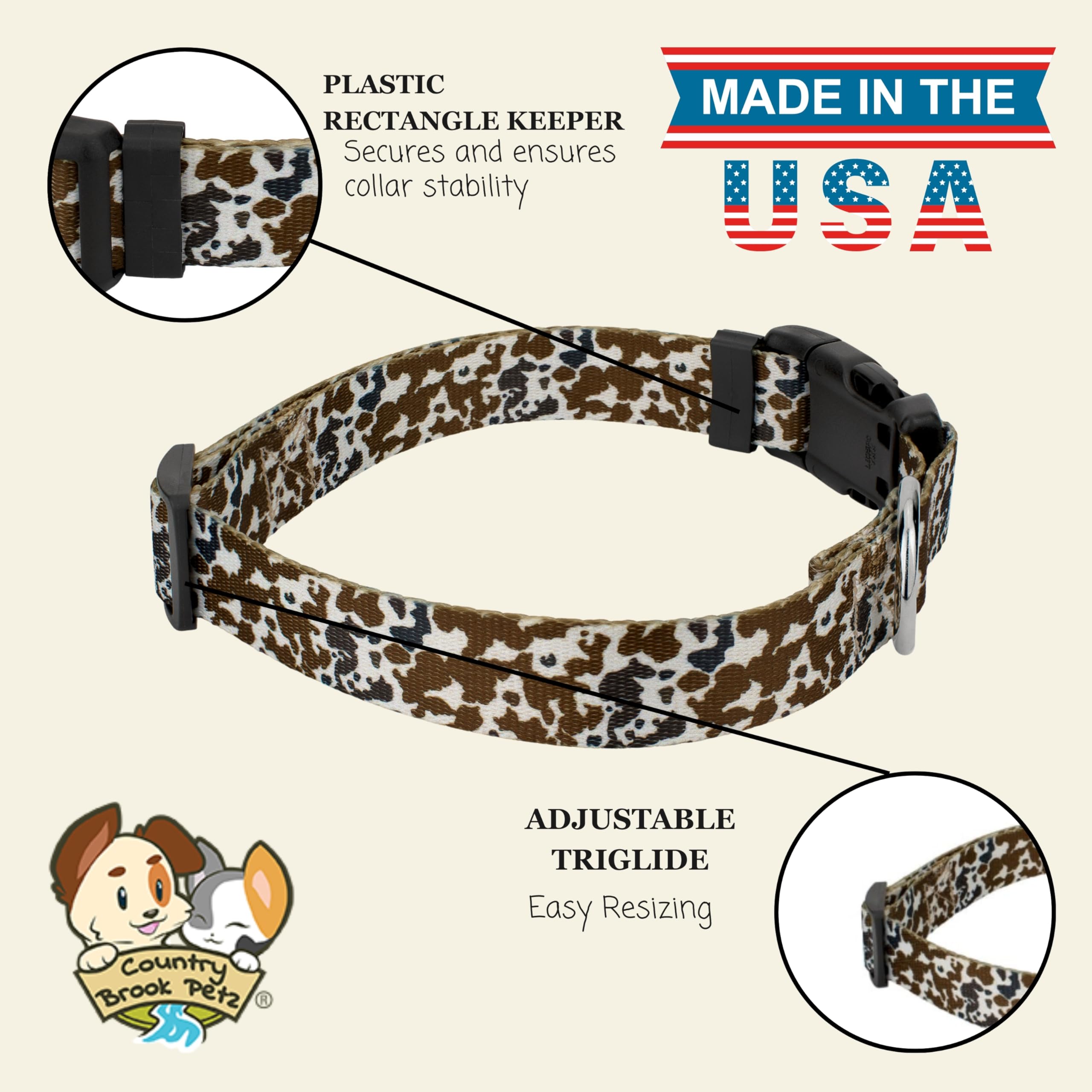 Country Brook Petz Deluxe Cow Print Dog Collar adjustable 16-22 inch neck for versatile fit