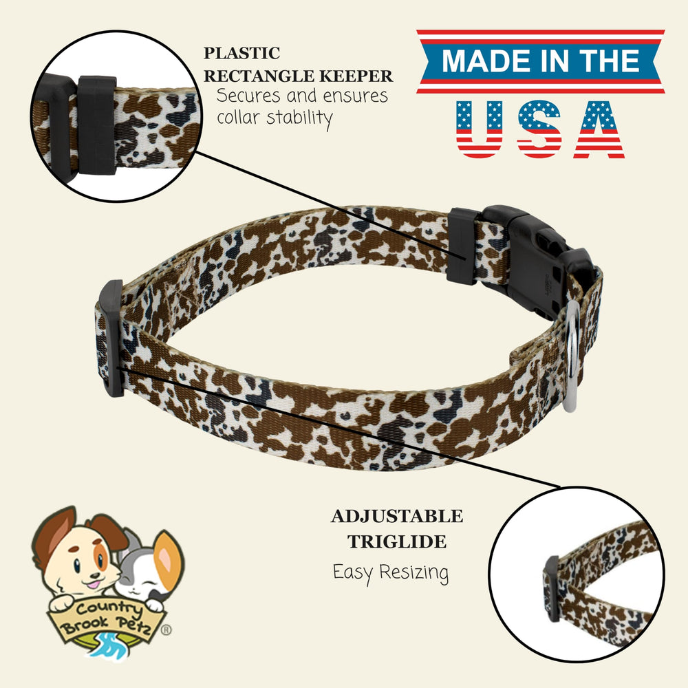 Country Brook Petz Deluxe Cow Print Dog Collar adjustable 16-22 inch neck for versatile fit