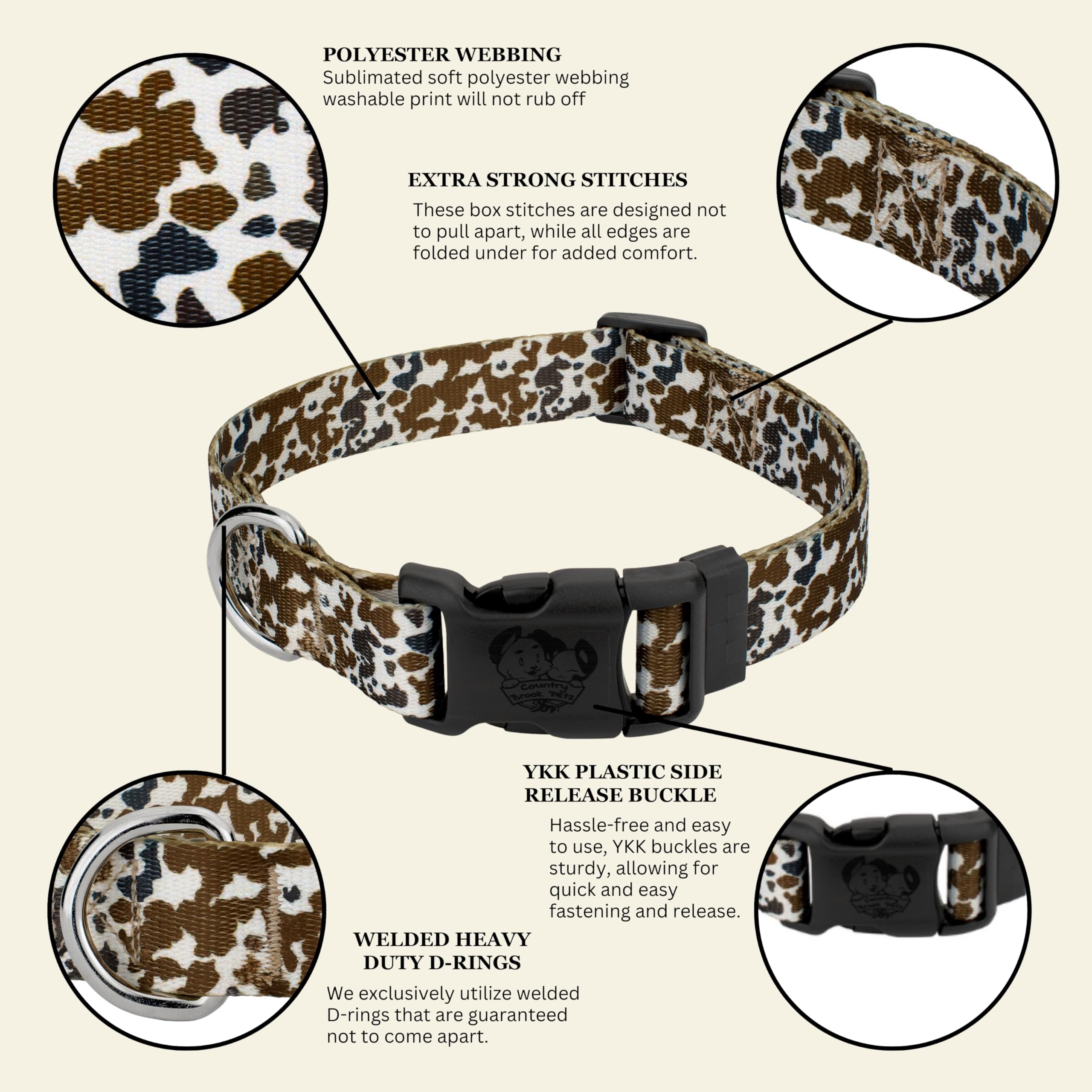 Country Brook Petz Deluxe Cow Print Dog Collar worn like a hug for secure comfort