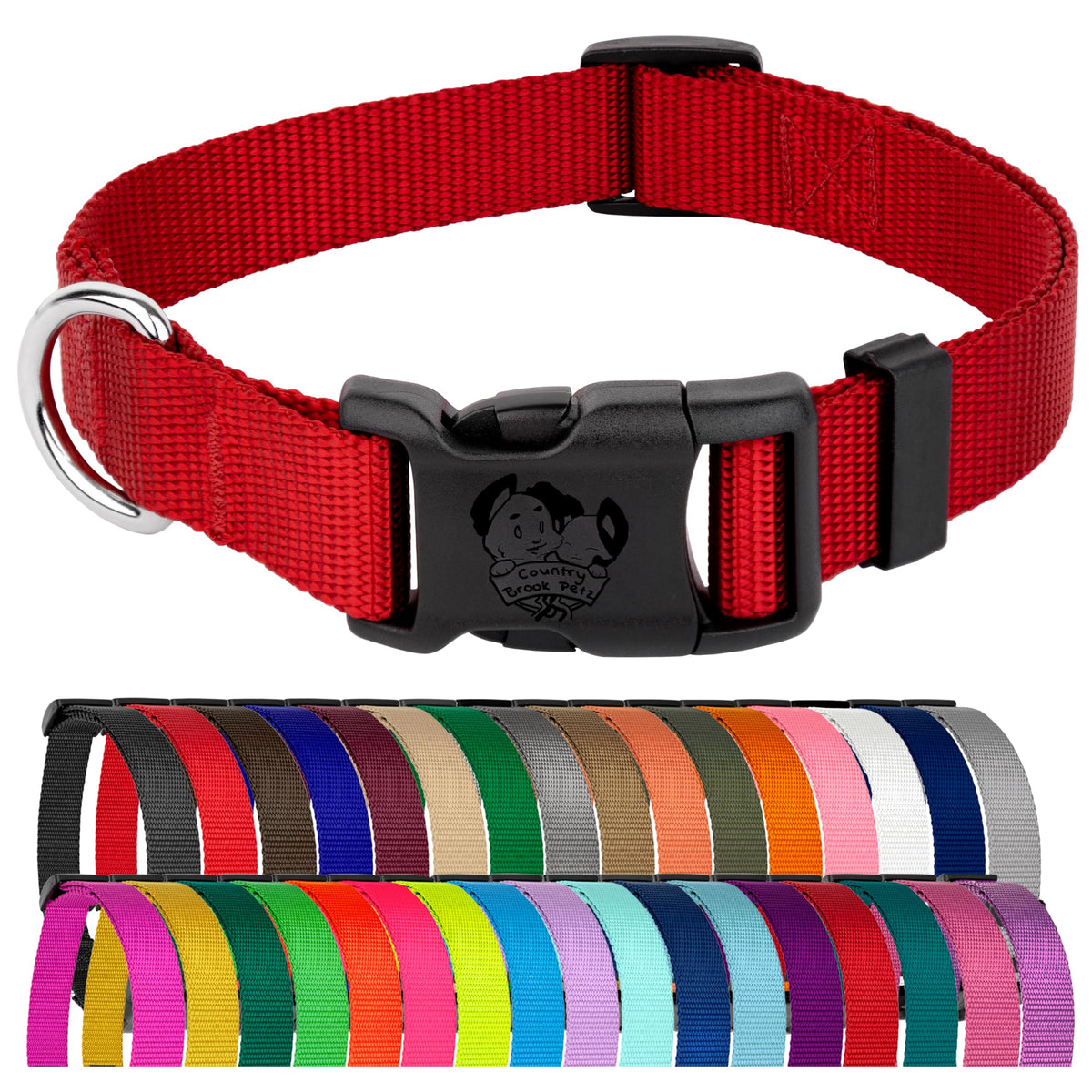Country Brook Petz everyday collar red front view highlights classic style and secure fit.