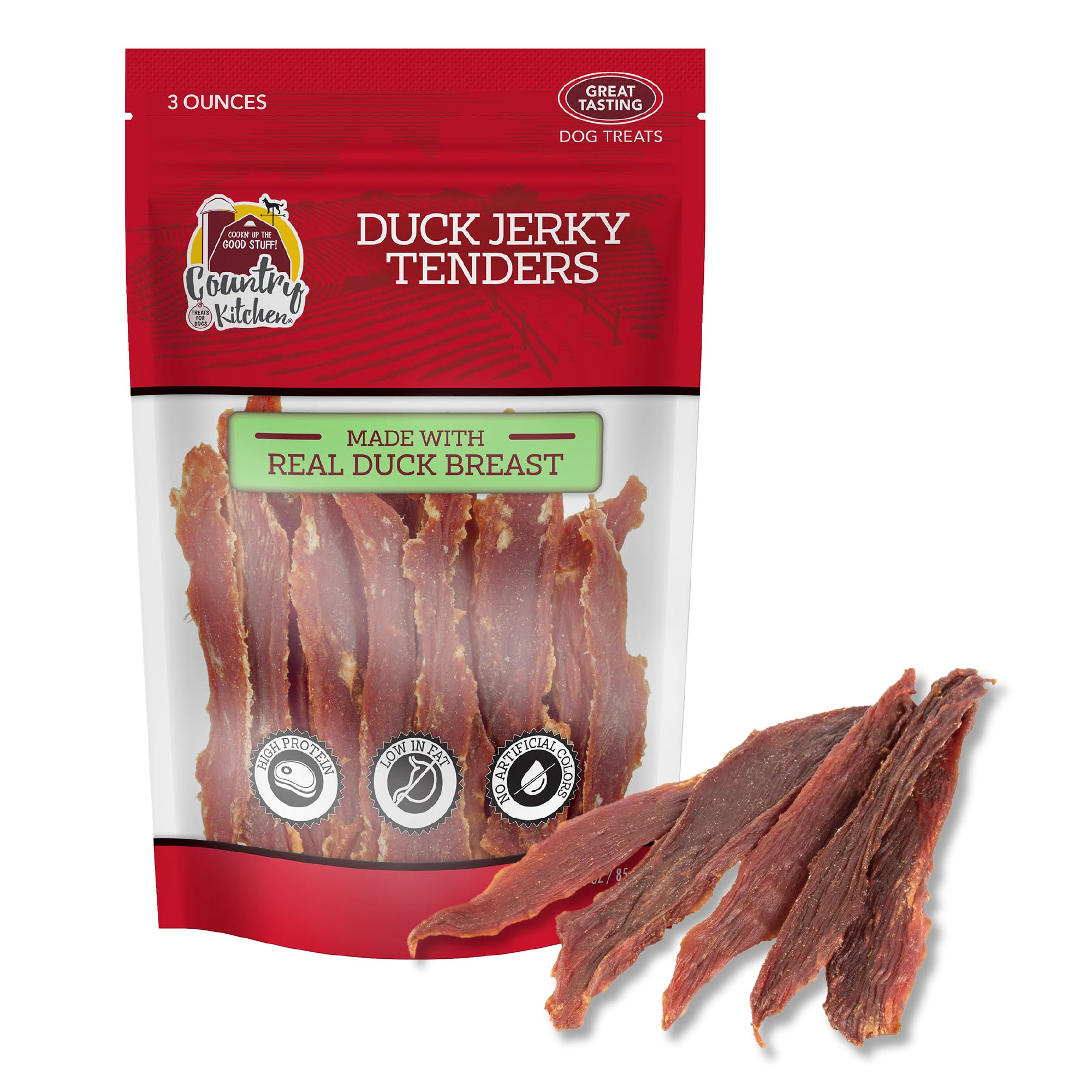 Country Kitchen Duck Jerky Tenders pack shot showing real duck meat for a protein-rich treat