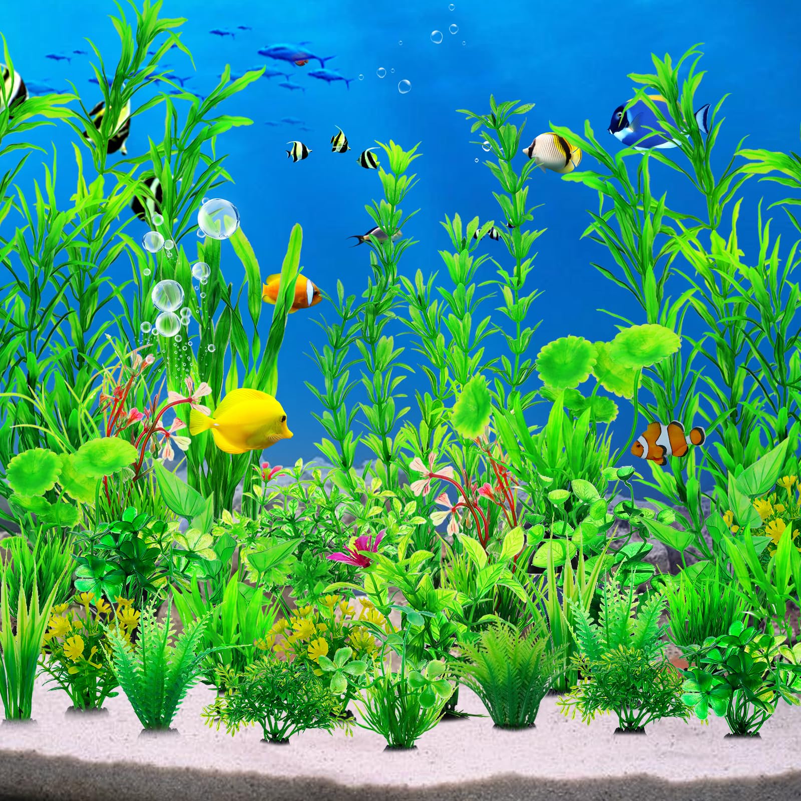 CousDUoBe plastic aquarium plants with bases stay submerged for stable decorative layouts.