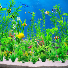 CousDUoBe plastic aquarium plants with bases stay submerged for stable decorative layouts.