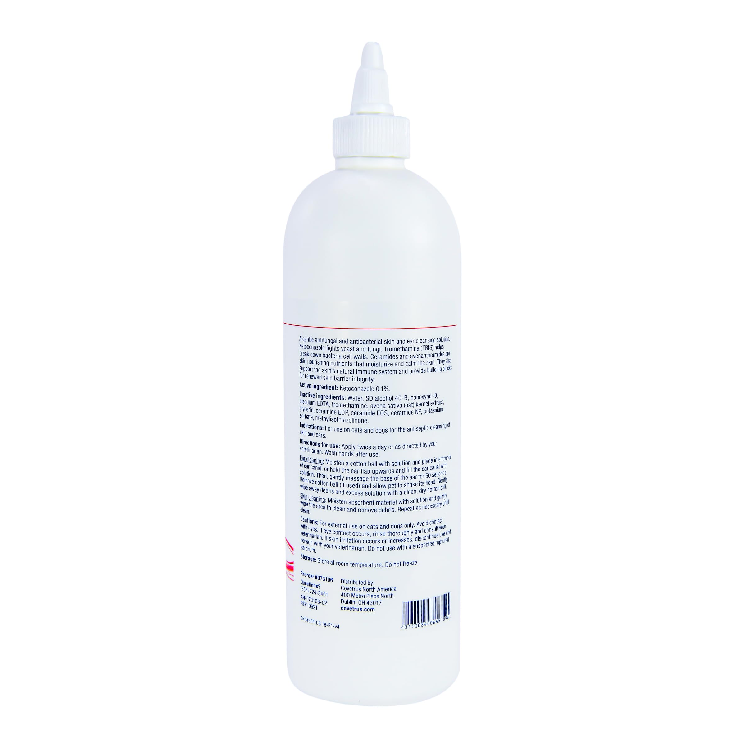 Covetrus CeraSoothe KET Antiseptic Flush label close-up shows key ingredients and directions.