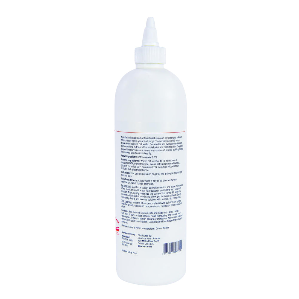 Covetrus CeraSoothe KET Antiseptic Flush label close-up shows key ingredients and directions.