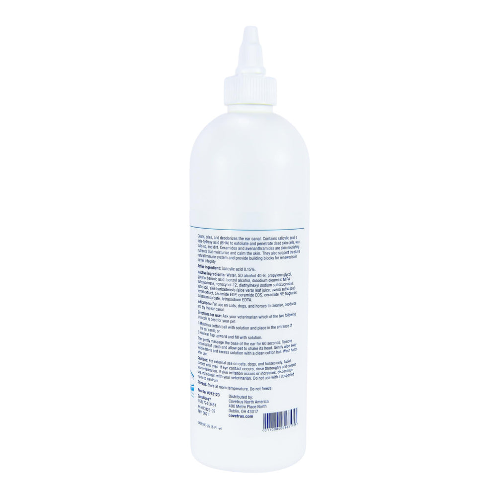 Dropper close-up showing exfoliation action with Covetrus CeraSoothe Otic Solution