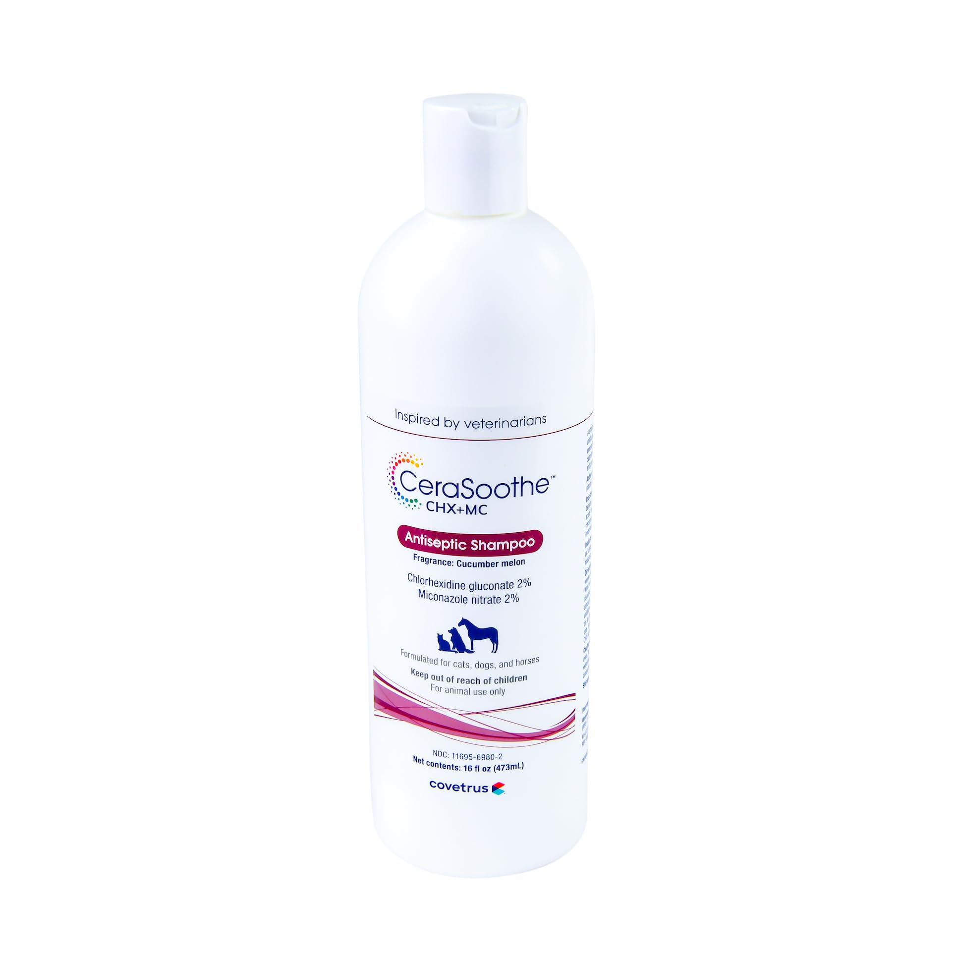 Covetrus CeraSoothe CHX+MC shampoo bottle with label showing antiseptic formula.