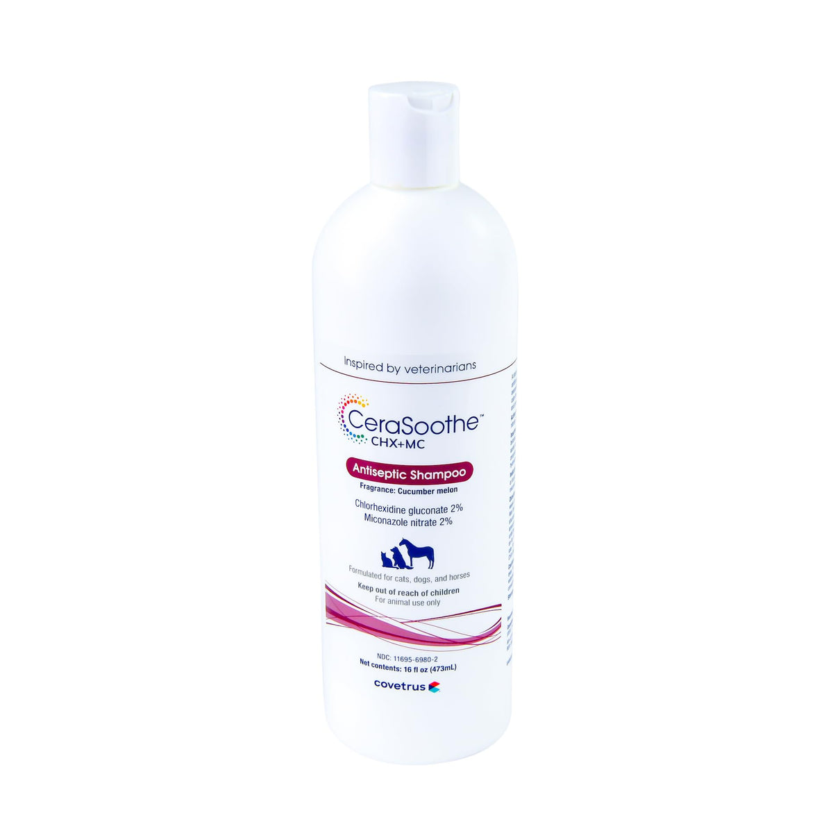 Covetrus CeraSoothe CHX+MC shampoo bottle with label showing antiseptic formula.
