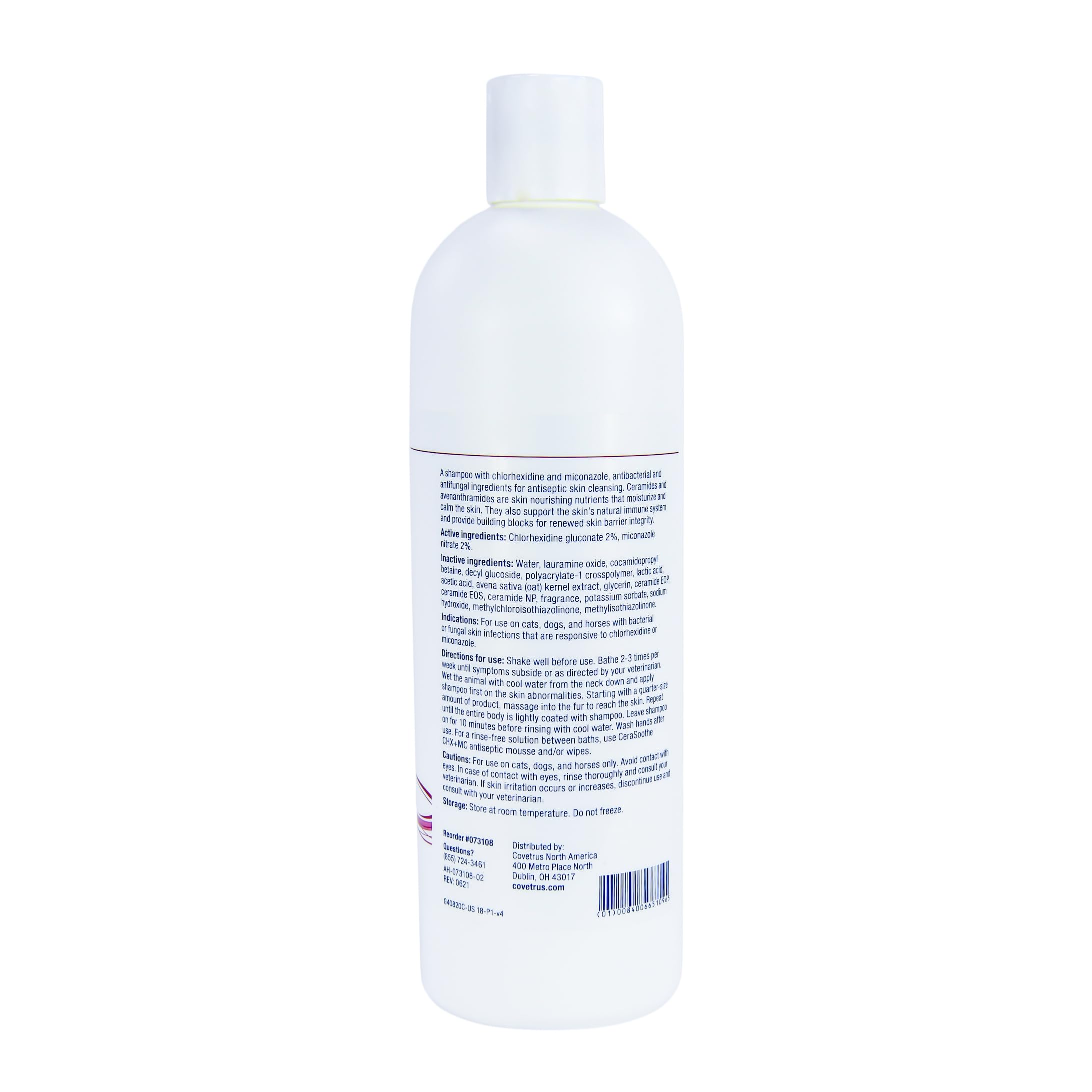 Covetrus CeraSoothe CHX+MC shampoo bottle pouring for gentle cleansing.
