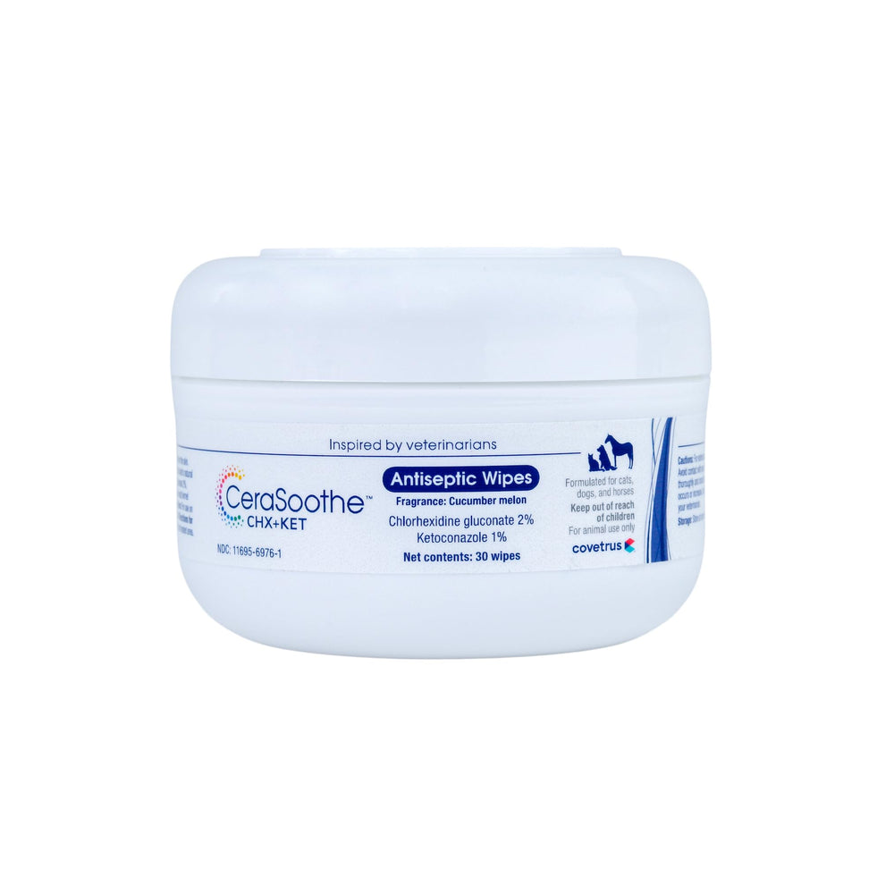 Covetrus CeraSoothe Wipes bottle closeup; medicated formula supports antibacterial and antifungal pet skin care.