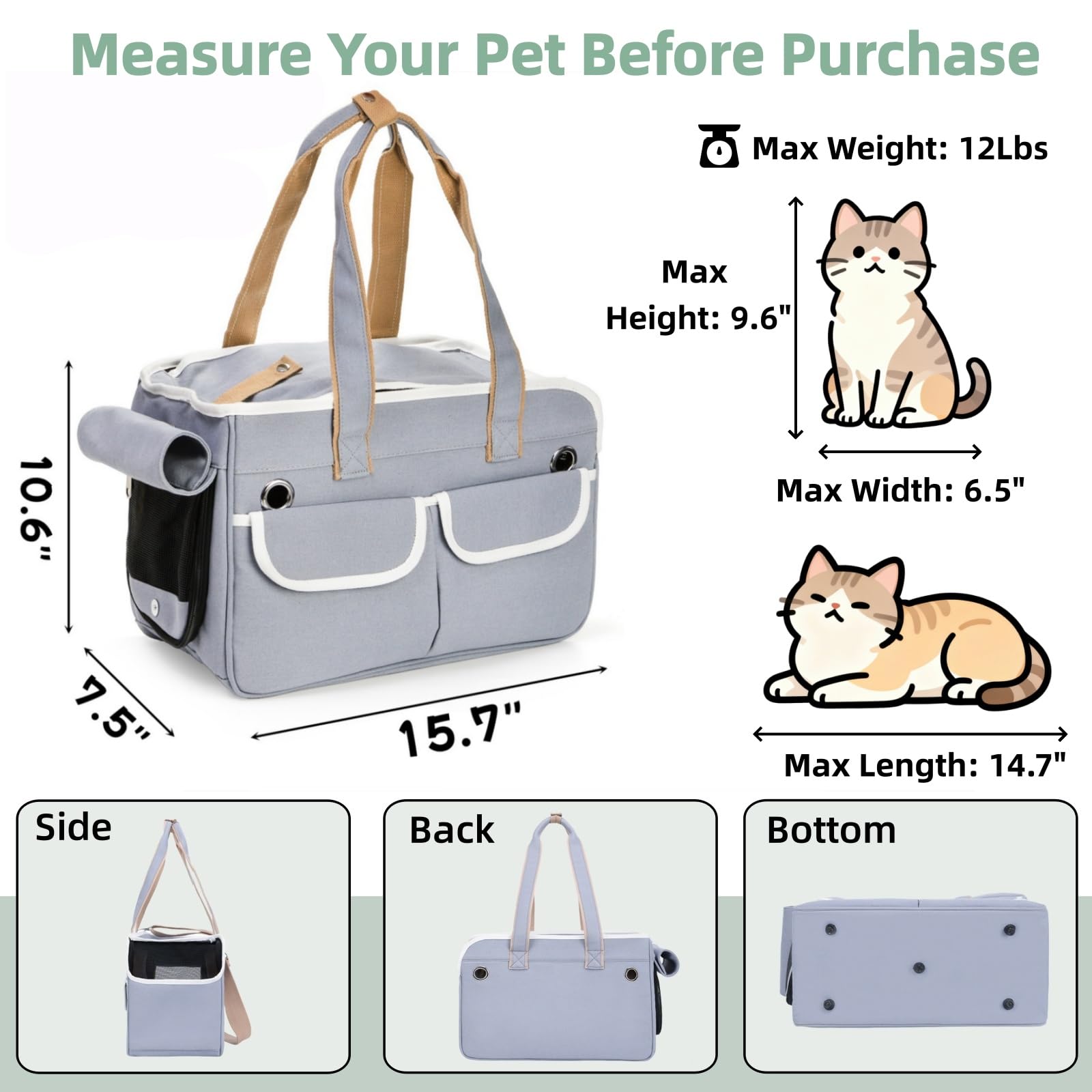 Covzoe pet carrier side view showing sturdy canvas and secure zipper.