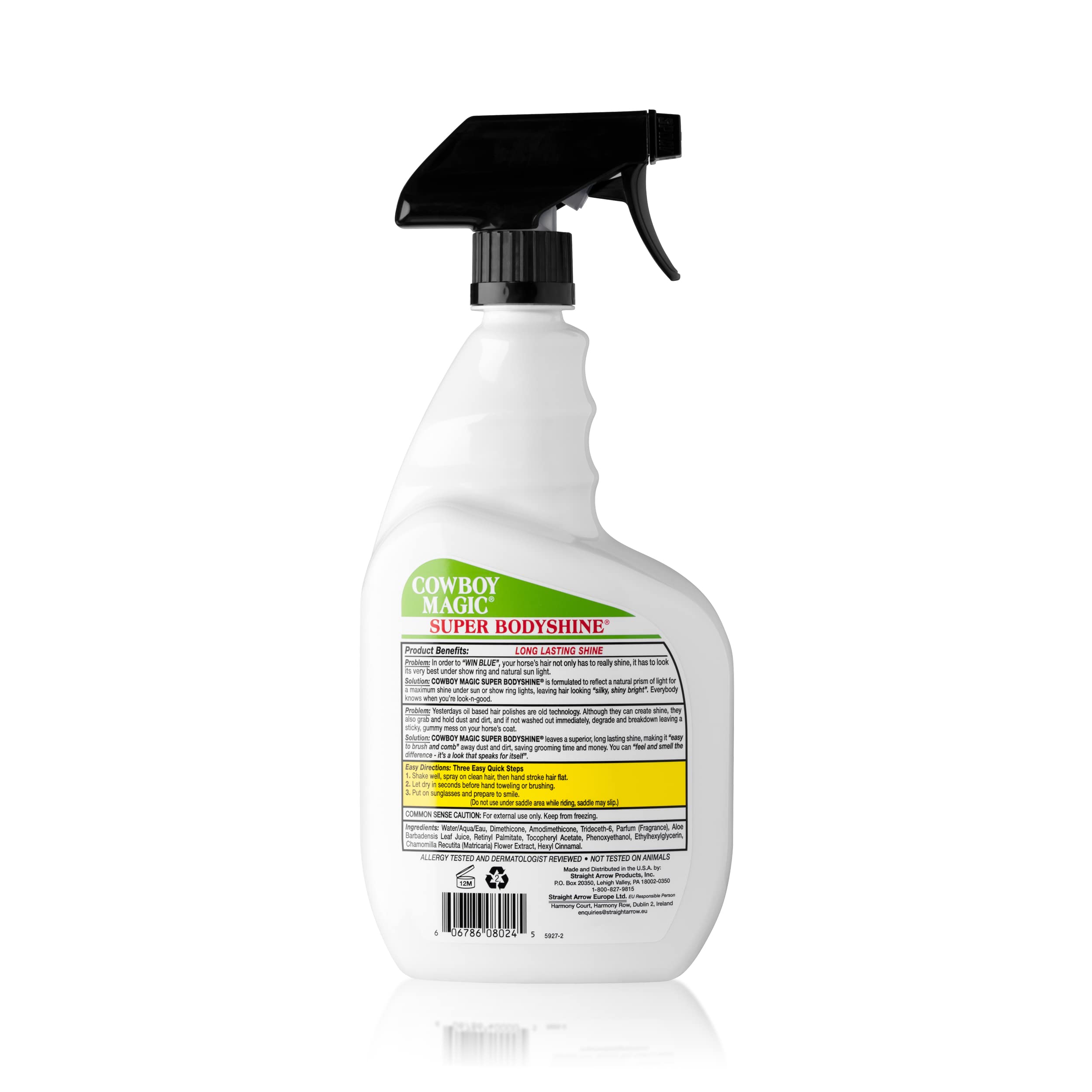Cowboy Magic Super Bodyshine spray detangles and repels dust on coats.