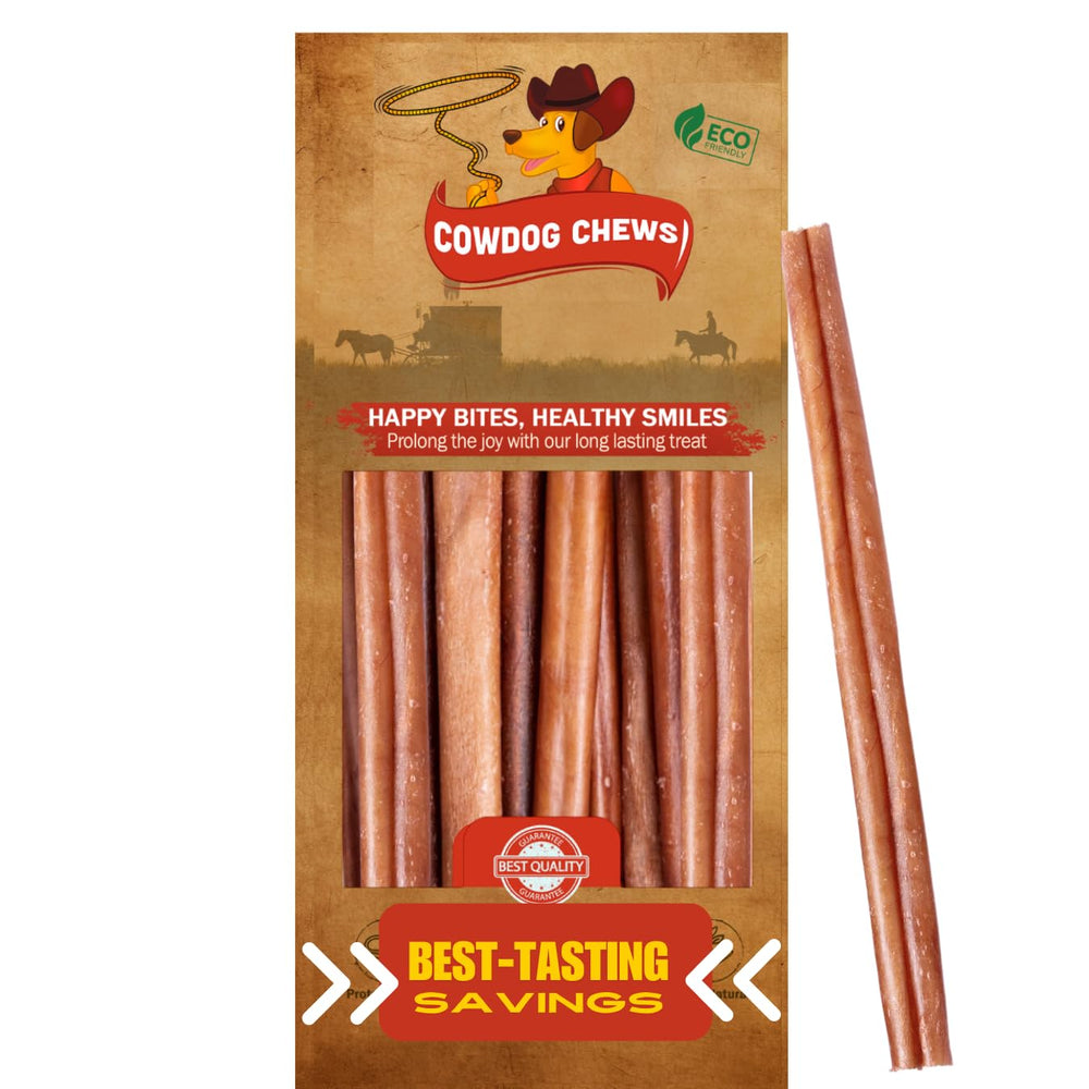 Cowdog Chews beef bully stick unwrap close-up, long-lasting chew supporting dental health.