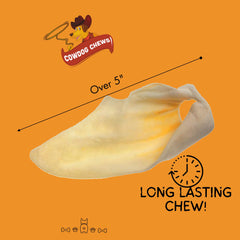 Cowdog Chews cow ears close-up texture emphasizing safe, digestible chew for dogs.