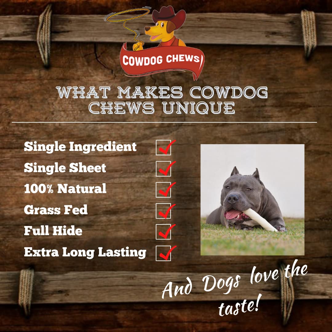 Cowdog Chews grass-fed rawhide sourced highlights natural origins and sourcing.