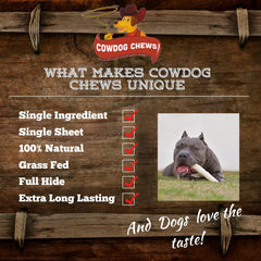 Cowdog Chews grass-fed rawhide sourced highlights natural origins and sourcing.