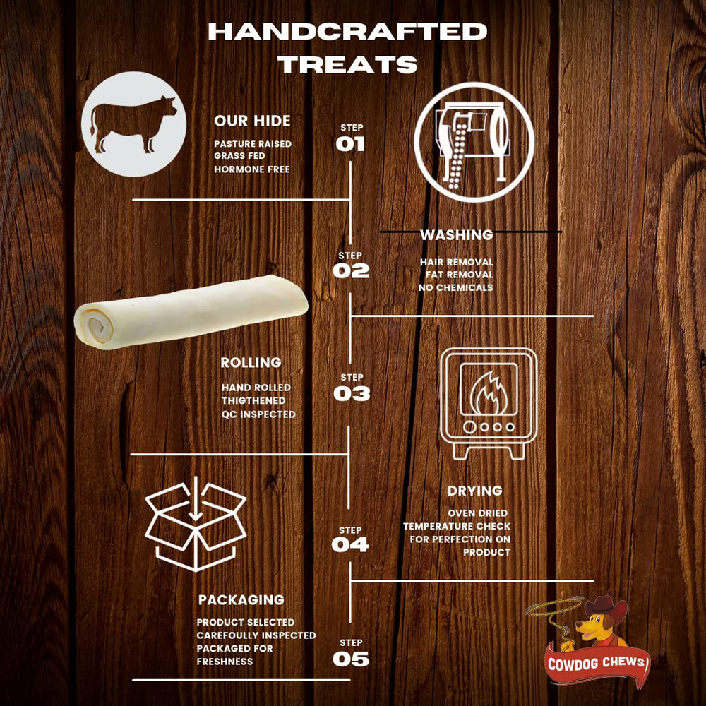 Cowdog Chews natural color rawhide snack during chew time.