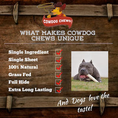 Cowdog Chews pasture-raised cattle source emphasizes natural ingredients for safe chewing.