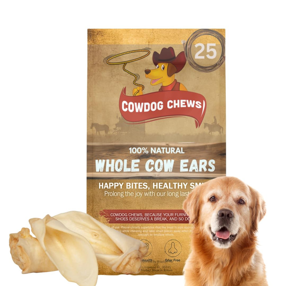 Cowdog Chews Premium Cow Ears pack-shot highlighting natural texture for long-lasting chewing.