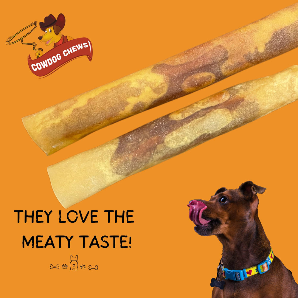 Cowdog Chews Rawhide Gourmet Meaty Rolls, durable gnaw for persistent chewers.