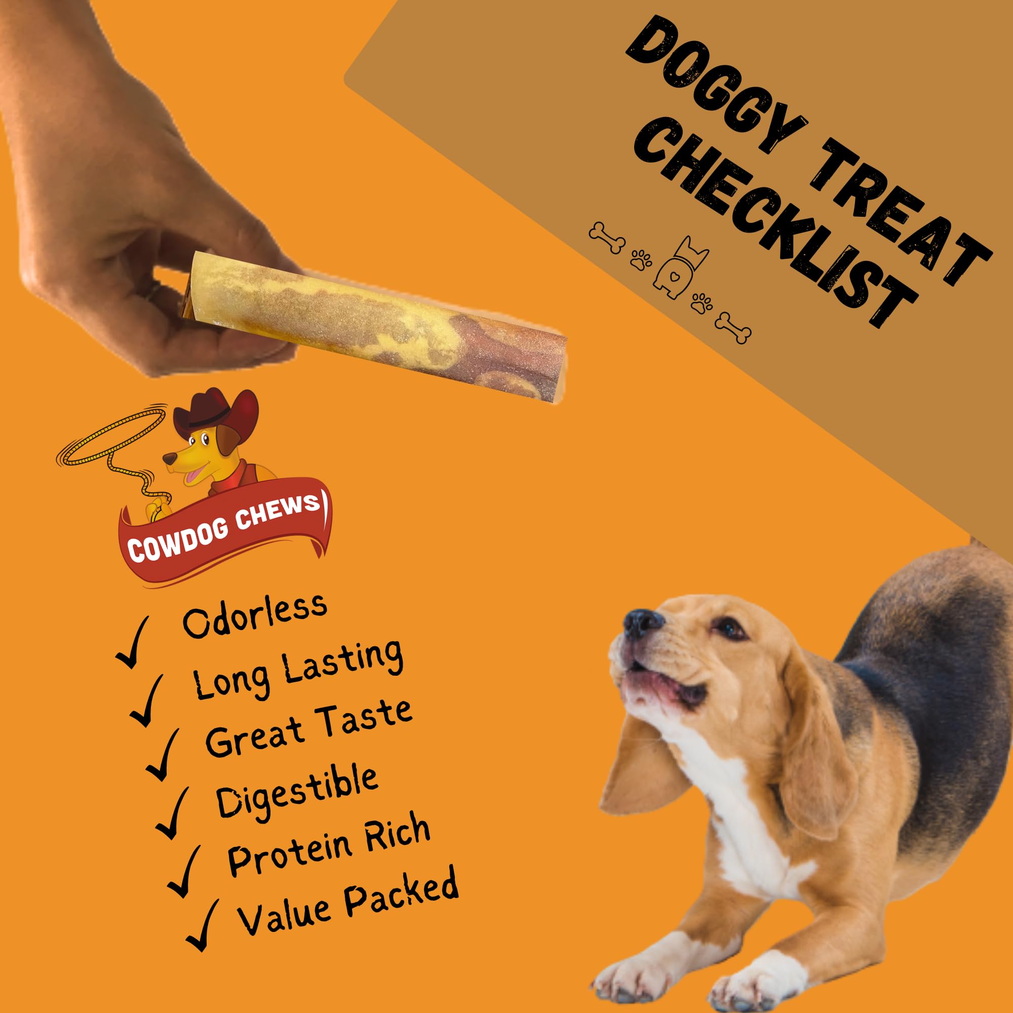 Cowdog Chews Rawhide Gourmet Meaty Rolls in-hand with packaging, ideal for training rewards.